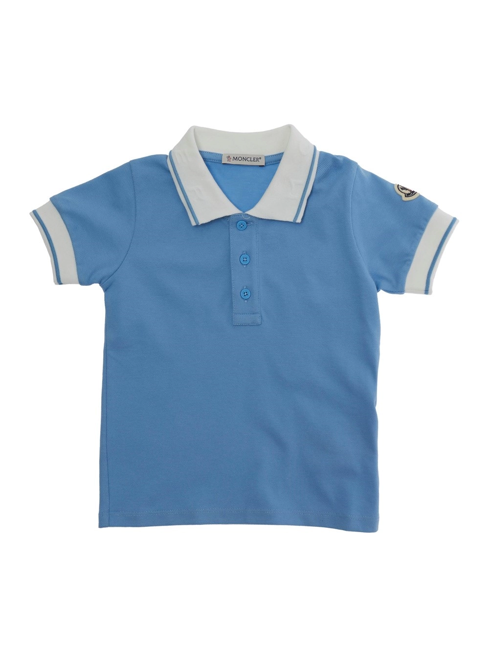 Moncler kids Polo con colletto a contrasto e patch logo sulla manica in cotone Azzurra Baby