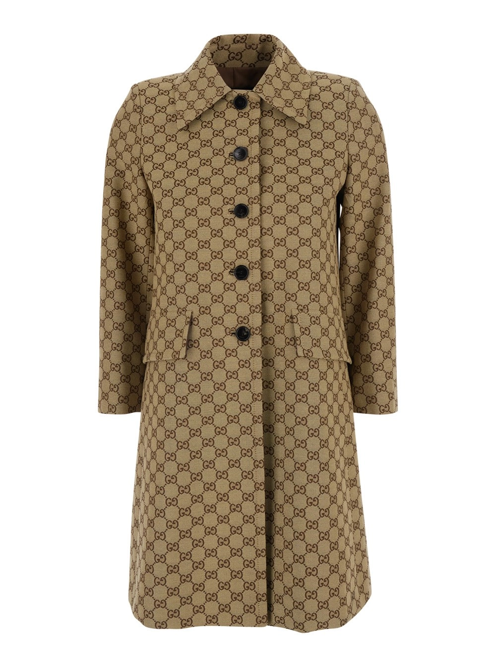 Gucci Cappotto con Colletto a Punta in Tessuto GG Supreme Beige Donna