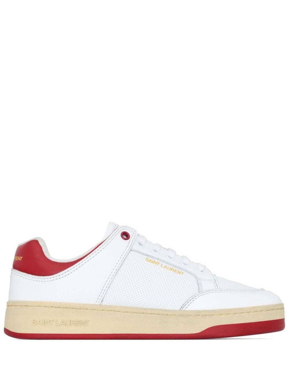 Saint Laurent Sneaker Basse con Dettaglio Logo in Pelle Bianca e Rossa Uomo