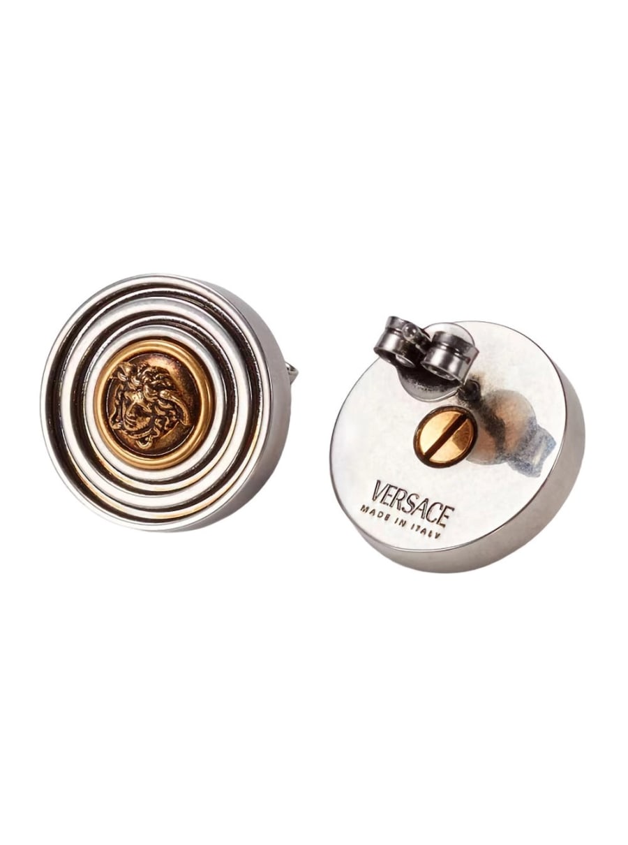 Versace Orecchini con design rotondo e testa di Medusa in metallo colore metallico uomo, view 2