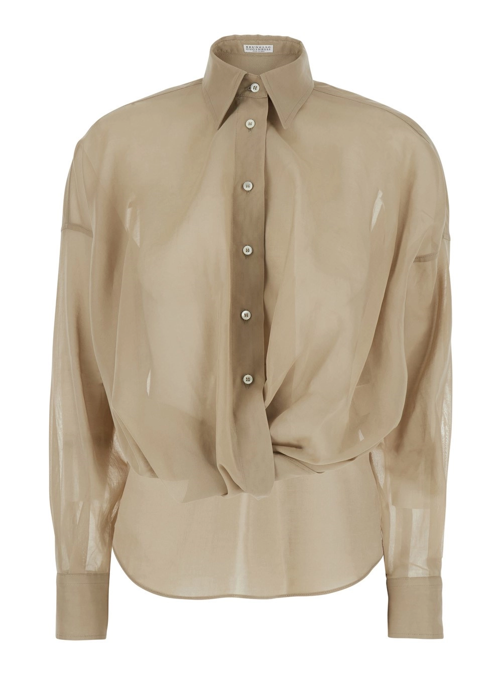 Brunello Cucinelli Camicia con Colletto Classico e Drappeggio sul Fronte in Cotone Beige Donna