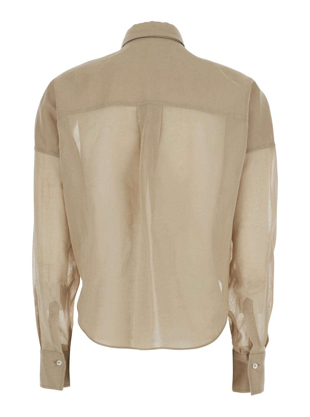 Brunello Cucinelli Camicia con Colletto Classico e Drappeggio sul Fronte in Cotone Beige Donna, view 2