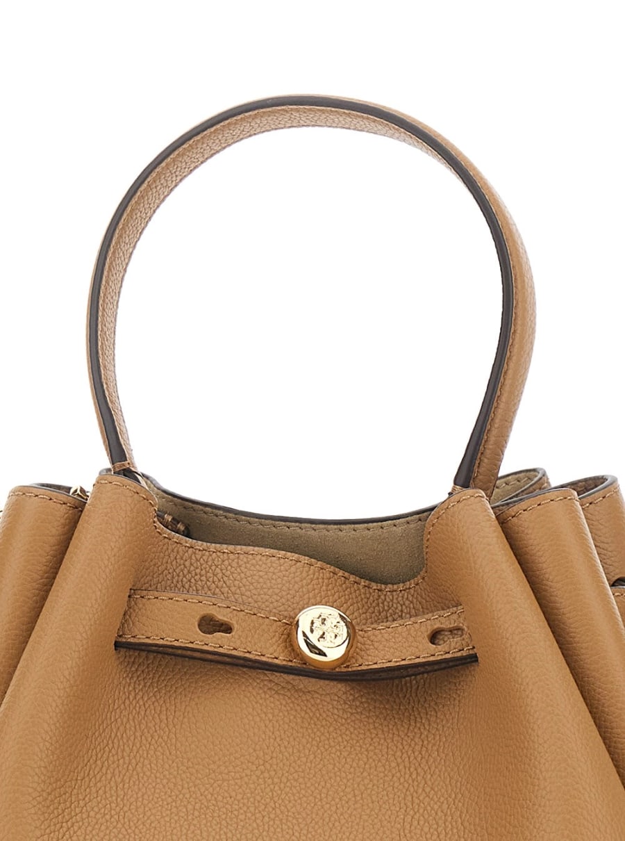 Tory Burch Borsa a Secchiello 'Romy' con Tracolla Regolabile e Placca Logo sul Fronte in Pelle Martellata Beige Donna, view 5