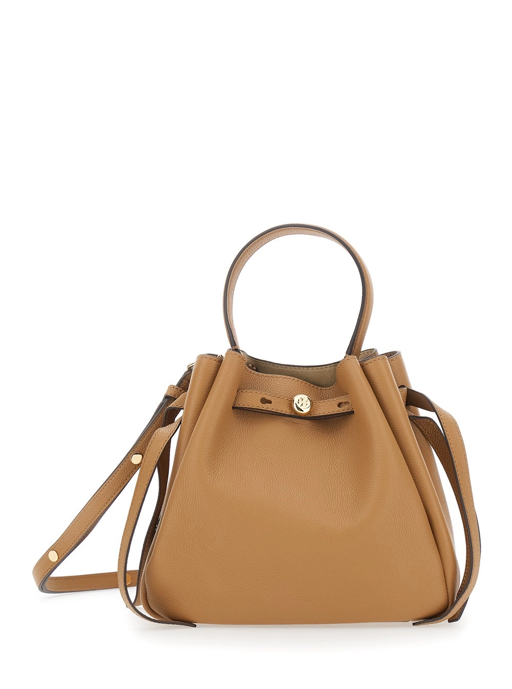 Tory Burch Borsa a Secchiello 'Romy' con Tracolla Regolabile e Placca Logo sul Fronte in Pelle Martellata Beige Donna