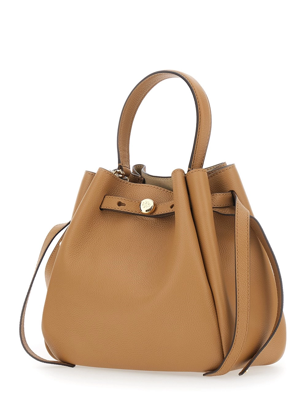 Tory Burch Borsa a Secchiello 'Romy' con Tracolla Regolabile e Placca Logo sul Fronte in Pelle Martellata Beige Donna, view 2