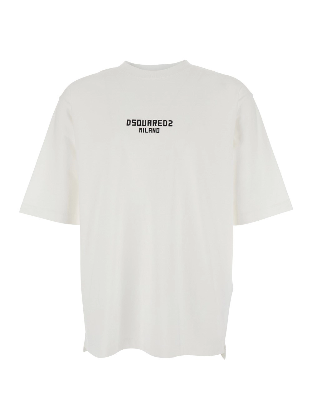 Dsquared2 T-Shirt Girocollo con Stampa Logo Lettering sul Fronte in Cotone Binanca Uomo