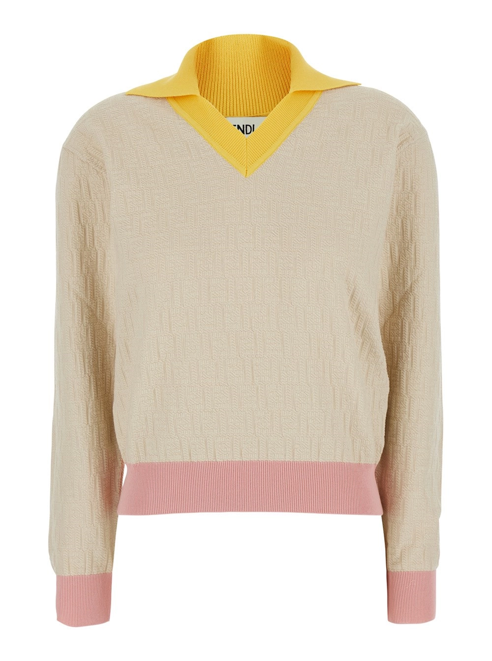 Fendi Maglia a maniche lunghe con scollo a V e motivo FF all-over in cotone beige Donna