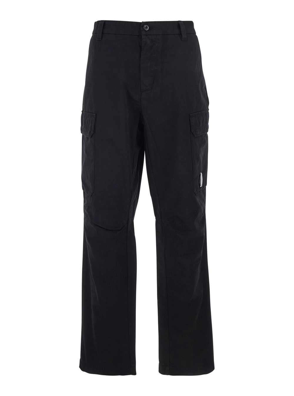 C.P. Company Pantalone Cargo con Placca Logo sul Lato e Due Tasche Cargo sul Fronte in Cotone Nero Uomo