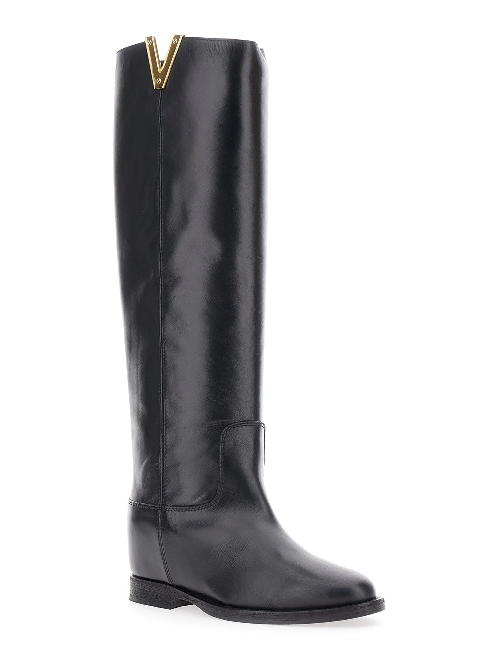 Via roma 15 Stivali con Cut-Out sul Lato e Placca Logo in Pelle Neri Donna, view 2