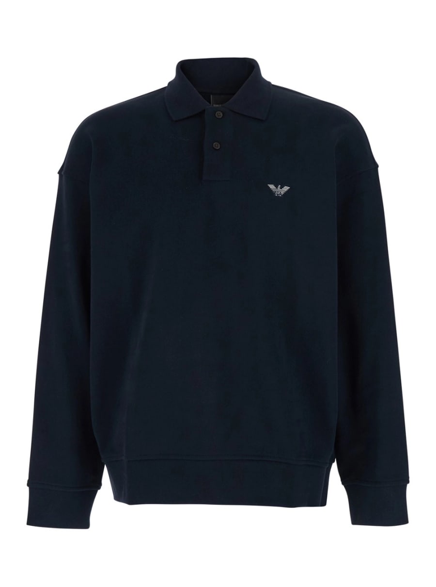 Emporio Armani Felpa Blu con Colletto Stile Polo e Ricamo Logo sul Fronte in Cotone Uomo