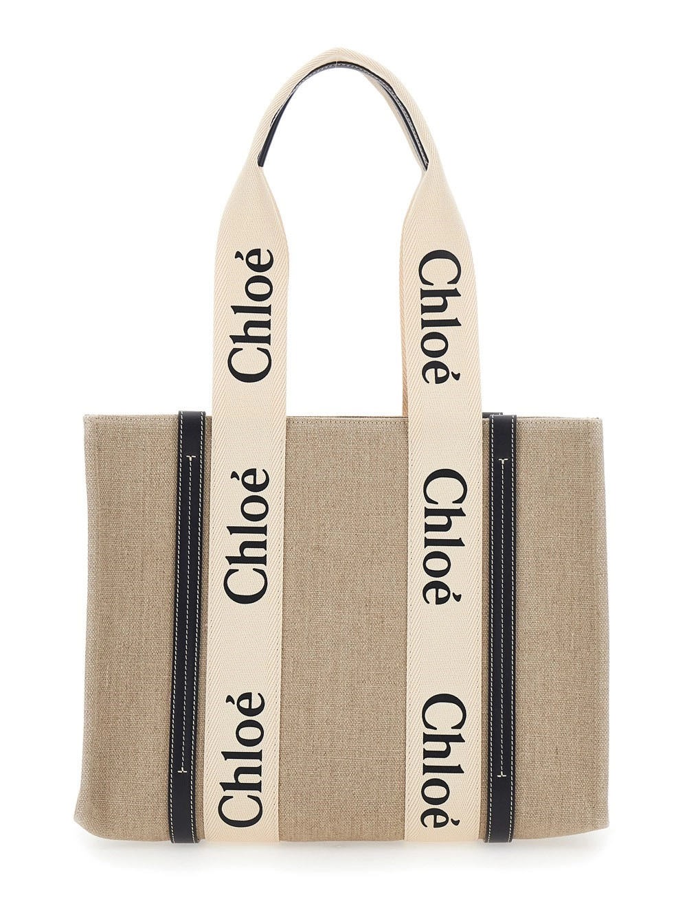 Chloé Borsa a Mano 'Medium Woody' con Logo Lettering sul Fronte in Lino Beige Donna