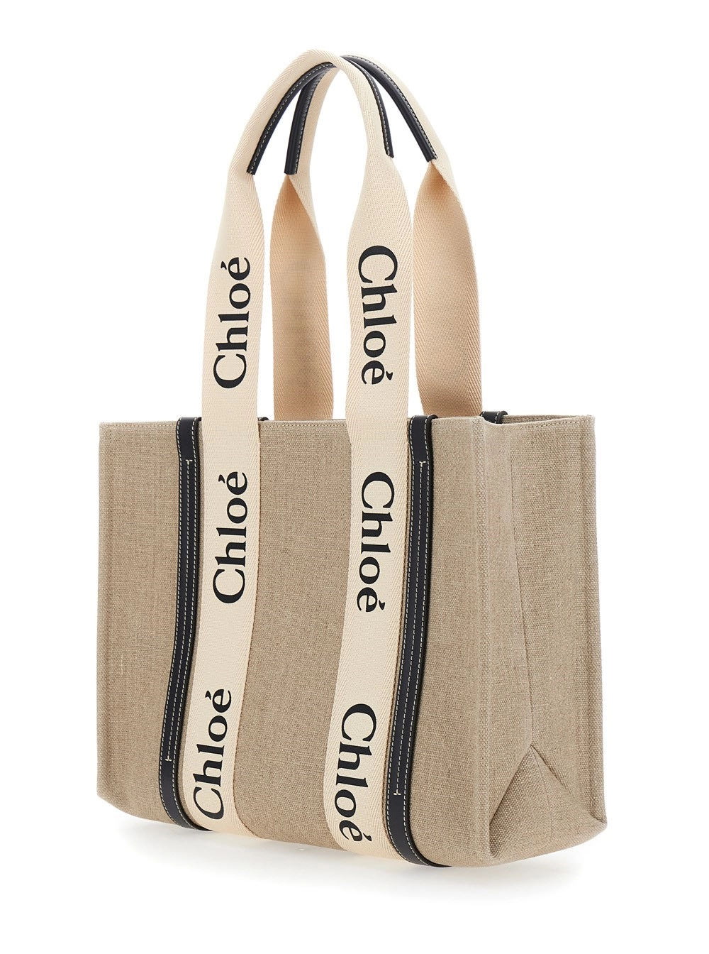 Chloé Borsa a Mano 'Medium Woody' con Logo Lettering sul Fronte in Lino Beige Donna, view 2