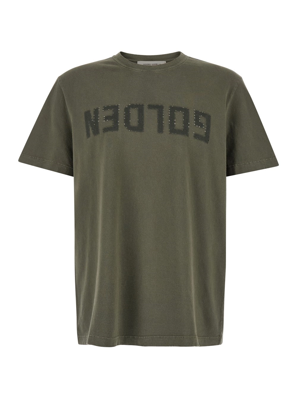 Golden Goose T-Shirt Verde con Logo sul Fronte e Patch Logo sul Fronte in Cotone Uomo