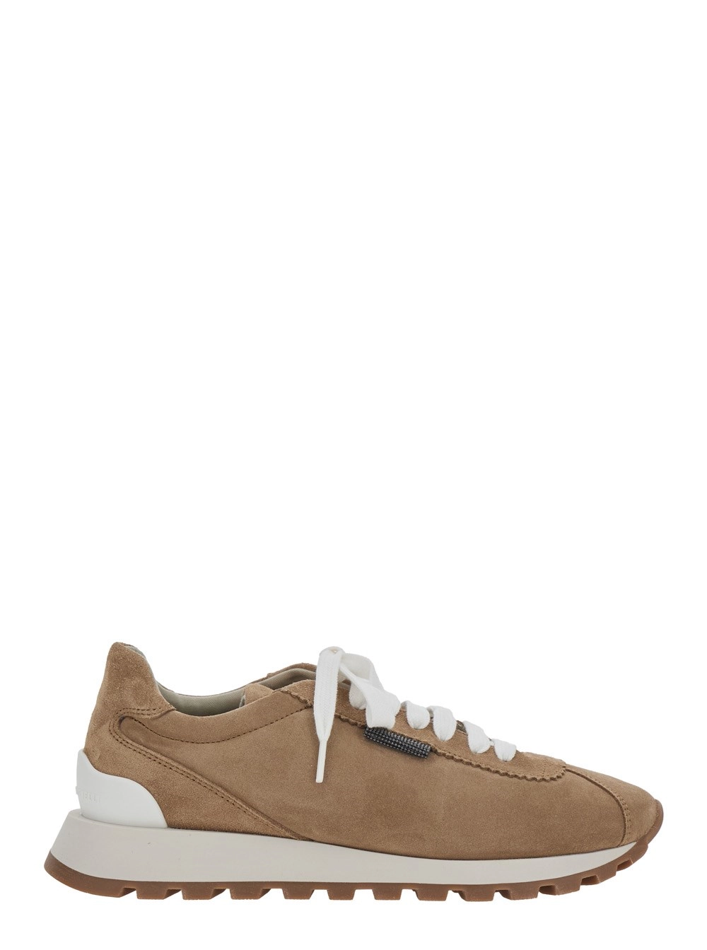 Brunello Cucinelli Sneaker Low Top con Dettaglio Monile sul Lato e Logo Lettering sulla Linguetta in Pelle Scamosciata Marrone Donna