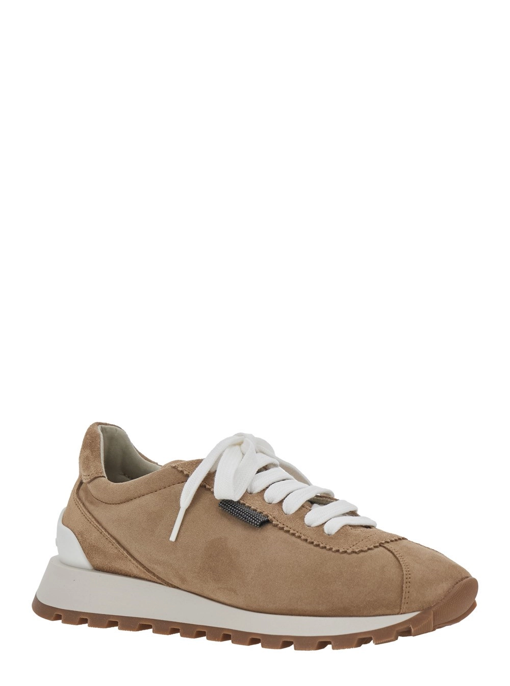 Brunello Cucinelli Sneaker Low Top con Dettaglio Monile sul Lato e Logo Lettering sulla Linguetta in Pelle Scamosciata Marrone Donna, view 2