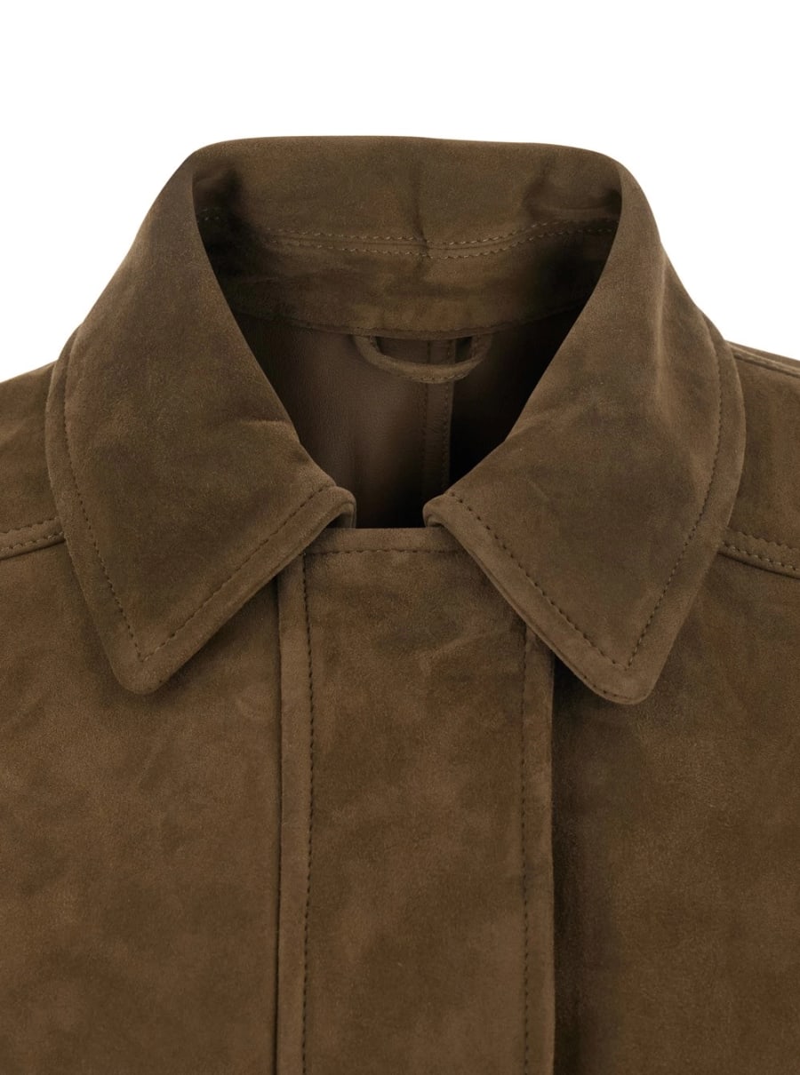 Brunello Cucinelli Giubbotto con colletto classico e chiusura nascosta sul fronte in pelle scamosciata marrone donna, view 3