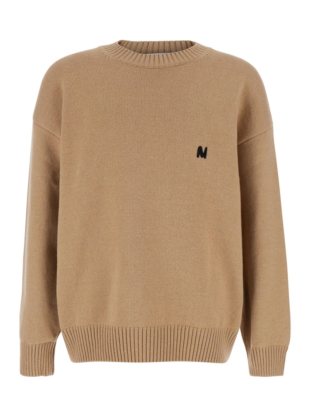 Msgm Maglione Girocollo con Logo sul Fronte in Lana Beige Uomo