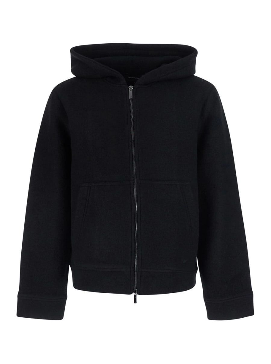 Emporio Armani Giubbotto con cappuccio fisso e zip sul fronte in lana nero uomo