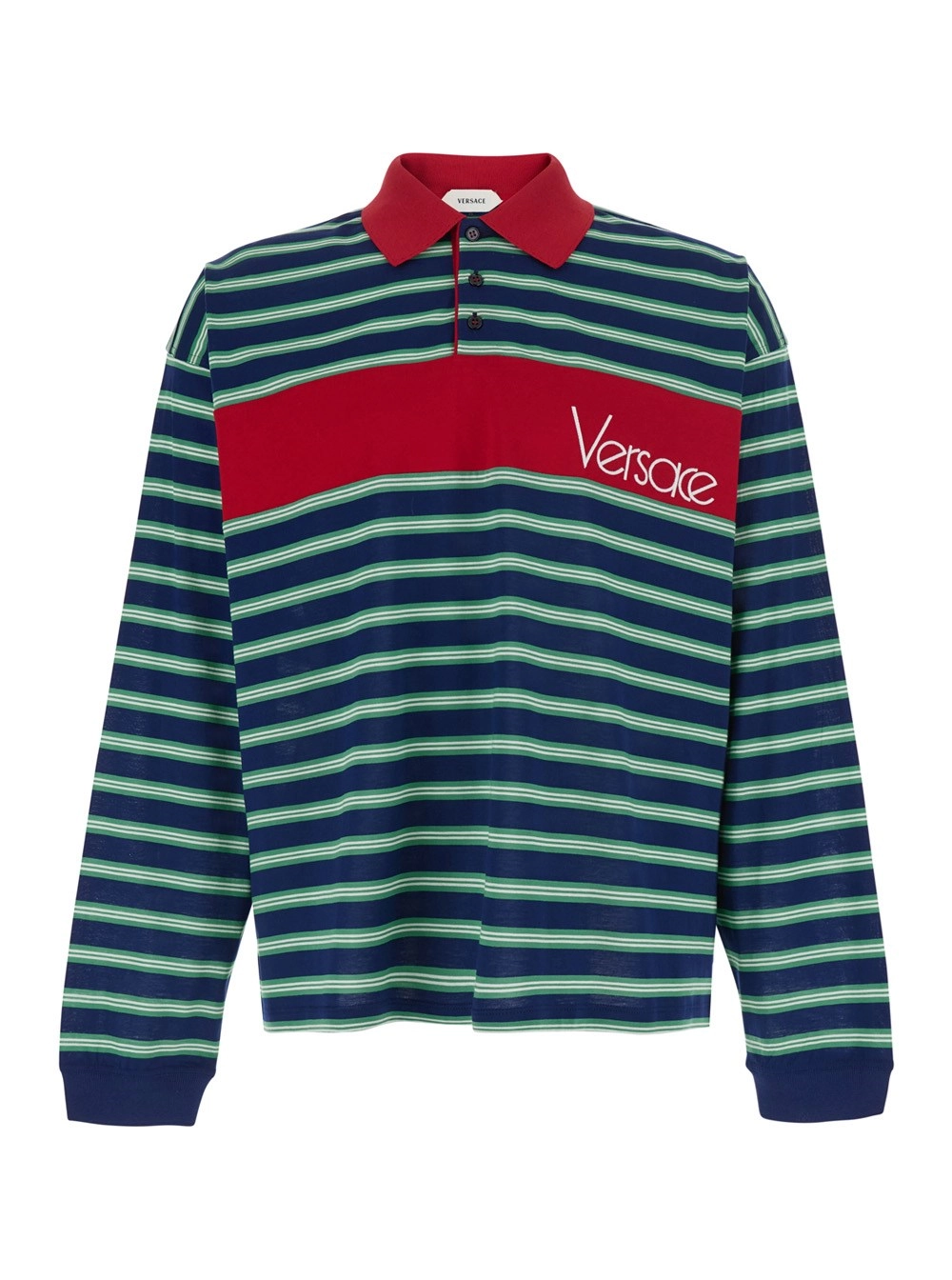 Versace Polo con motivo a righe e logo lettering sul fronte in Cotone Blu e rossa Uomo