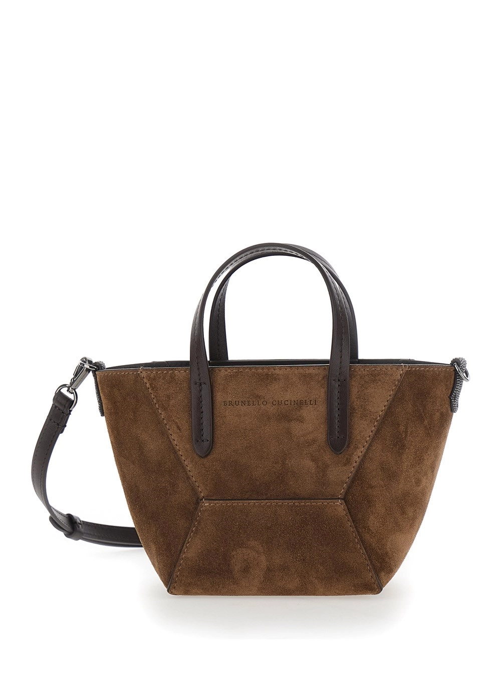 Brunello Cucinelli Borsa Mini 'Duo' con tracolla regolabile e removibile e logo lettering sul fronte in pelle scamosciata marrone donna