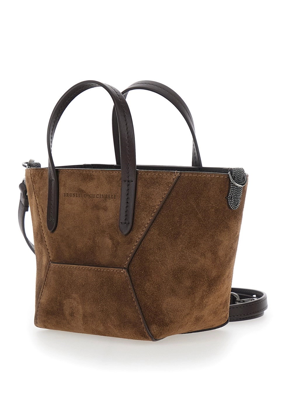Brunello Cucinelli Borsa Mini 'Duo' con tracolla regolabile e removibile e logo lettering sul fronte in pelle scamosciata marrone donna, view 2