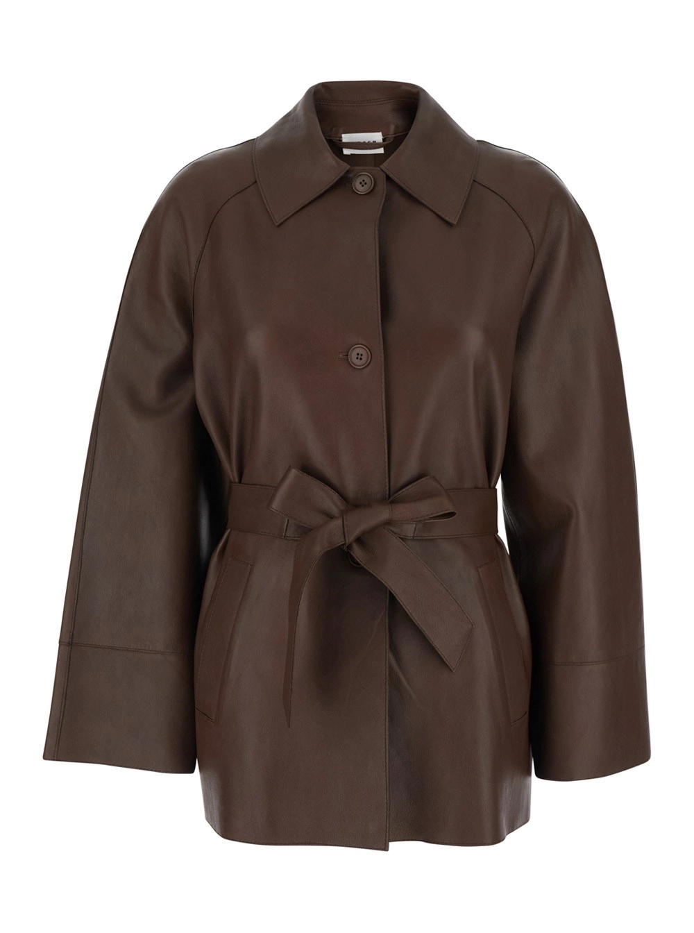 P.A.R.O.S.H. Giacca con Colletto Ampio e Cintura sul Fronte in Pelle Marrone Donna