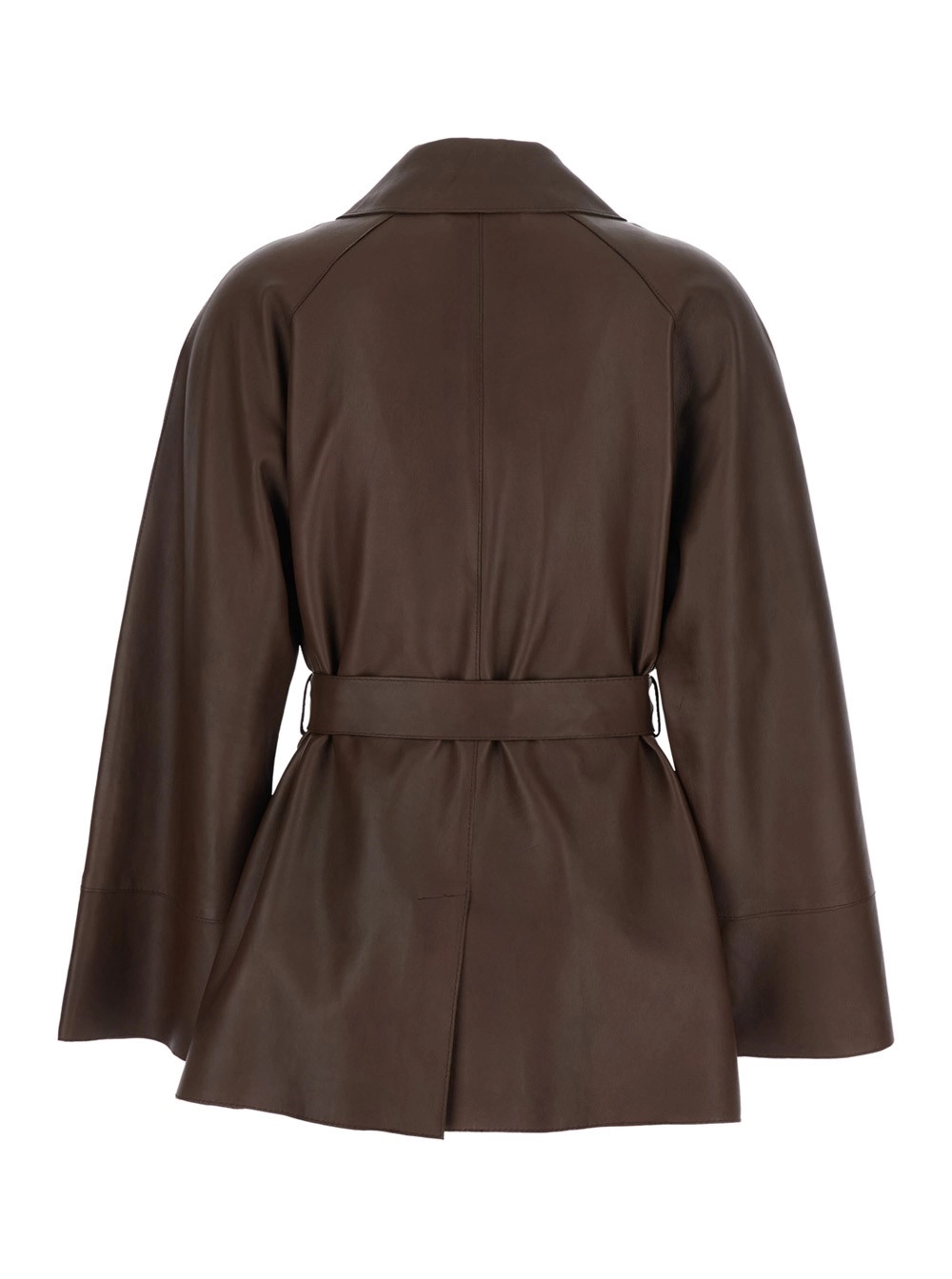 P.A.R.O.S.H. Giacca con Colletto Ampio e Cintura sul Fronte in Pelle Marrone Donna, view 2