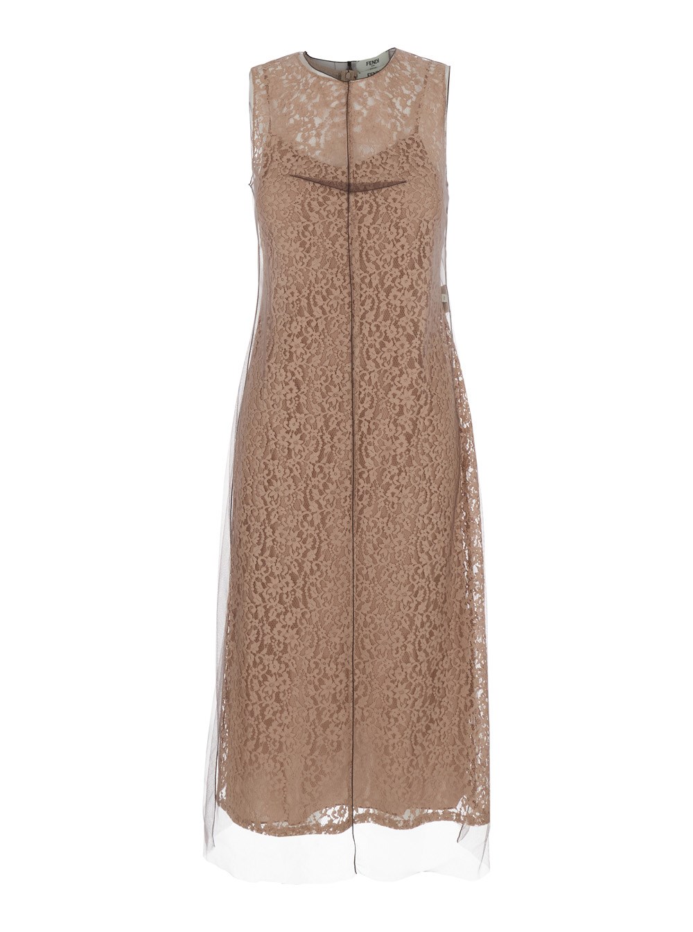 Fendi Abito Girocollo Smanicato con Ricamo Floreale in Pizzo Beige Donna