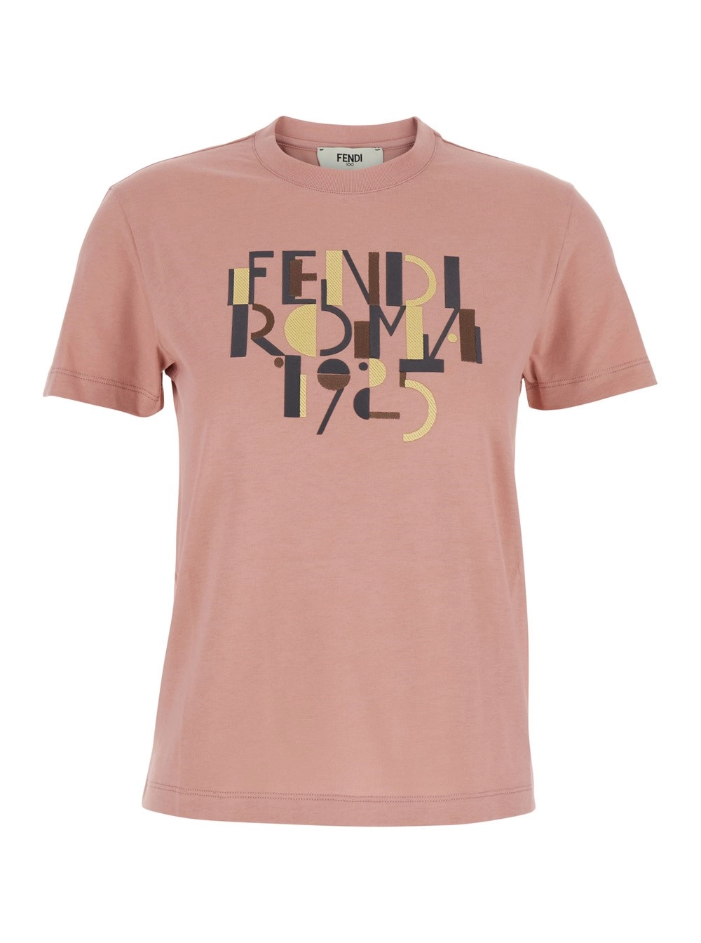 Fendi T-Shirt Girocollo con Dettaglio Logo FF sul Fronte in Cotone Rosa Donna