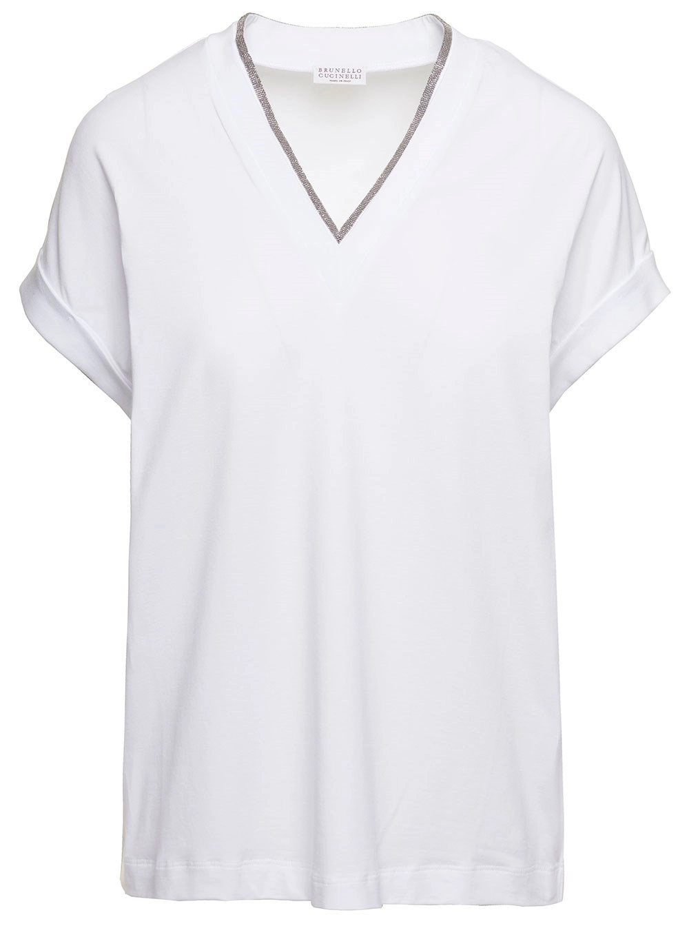 Brunello Cucinelli T-Shirt con Dettaglio Monile e Scollo a V in Cotone Stretch Bianca Donna