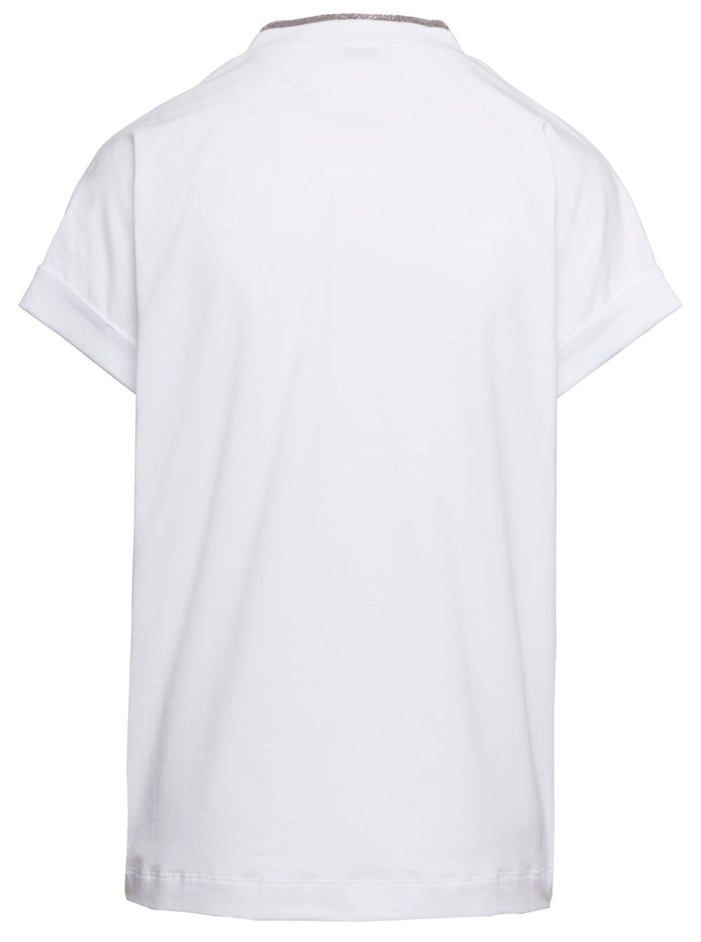 Brunello Cucinelli T-Shirt con Dettaglio Monile e Scollo a V in Cotone Stretch Bianca Donna, view 2