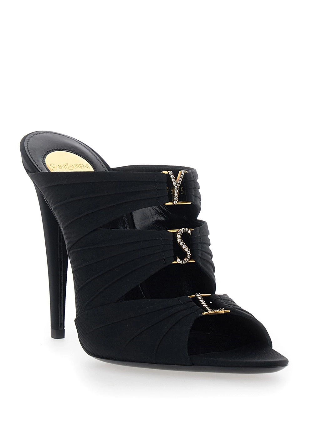 Saint Laurent Sandali con Tacco 'EMILIE' con Placca Cassandre sul Fronte in Pelle Neri Donna, view 2