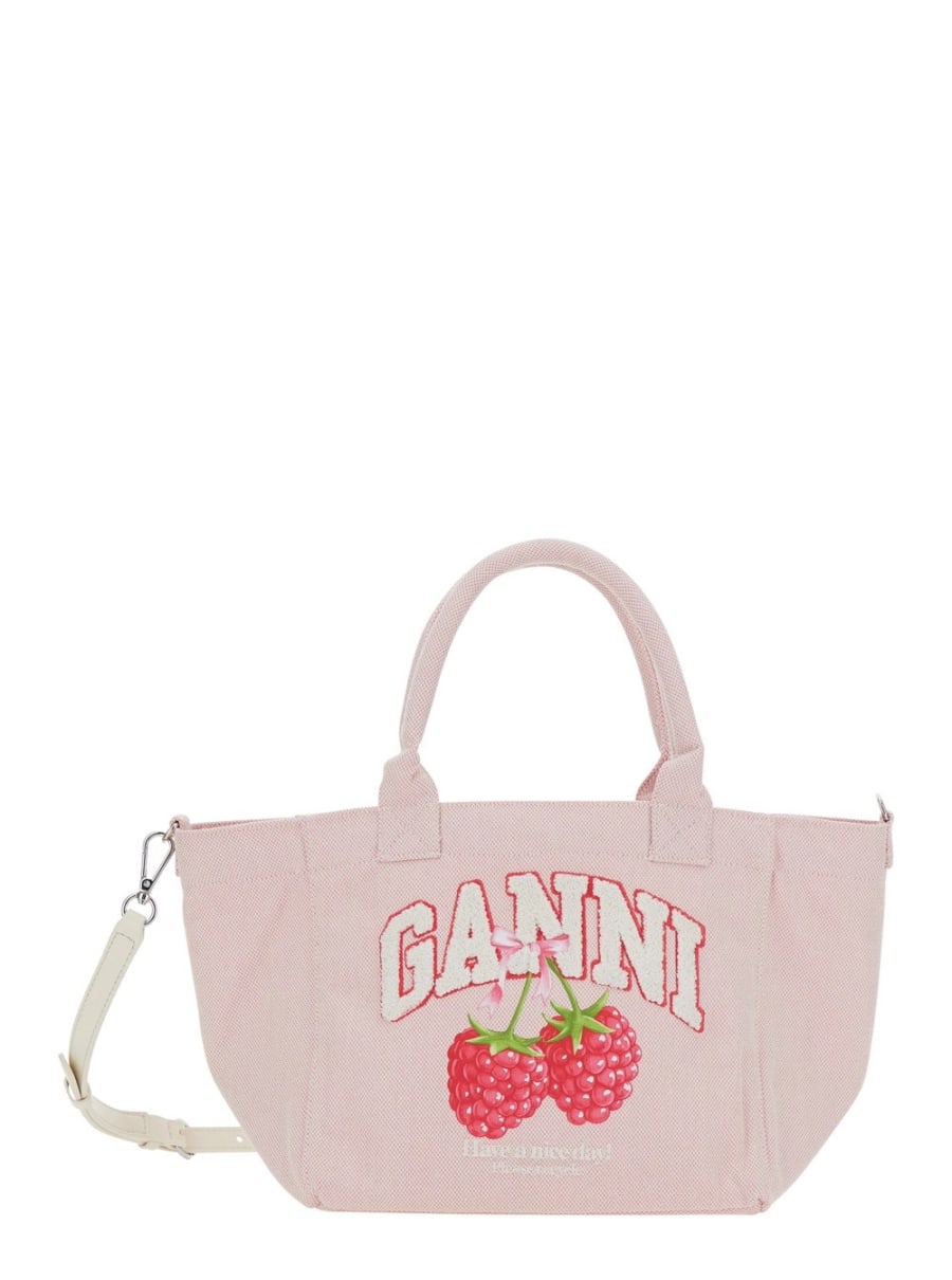 Ganni Borsa Shopping Piccola con Stampa Lampone e Logo Lettering sul Fronte in Cotone Rosa Donna