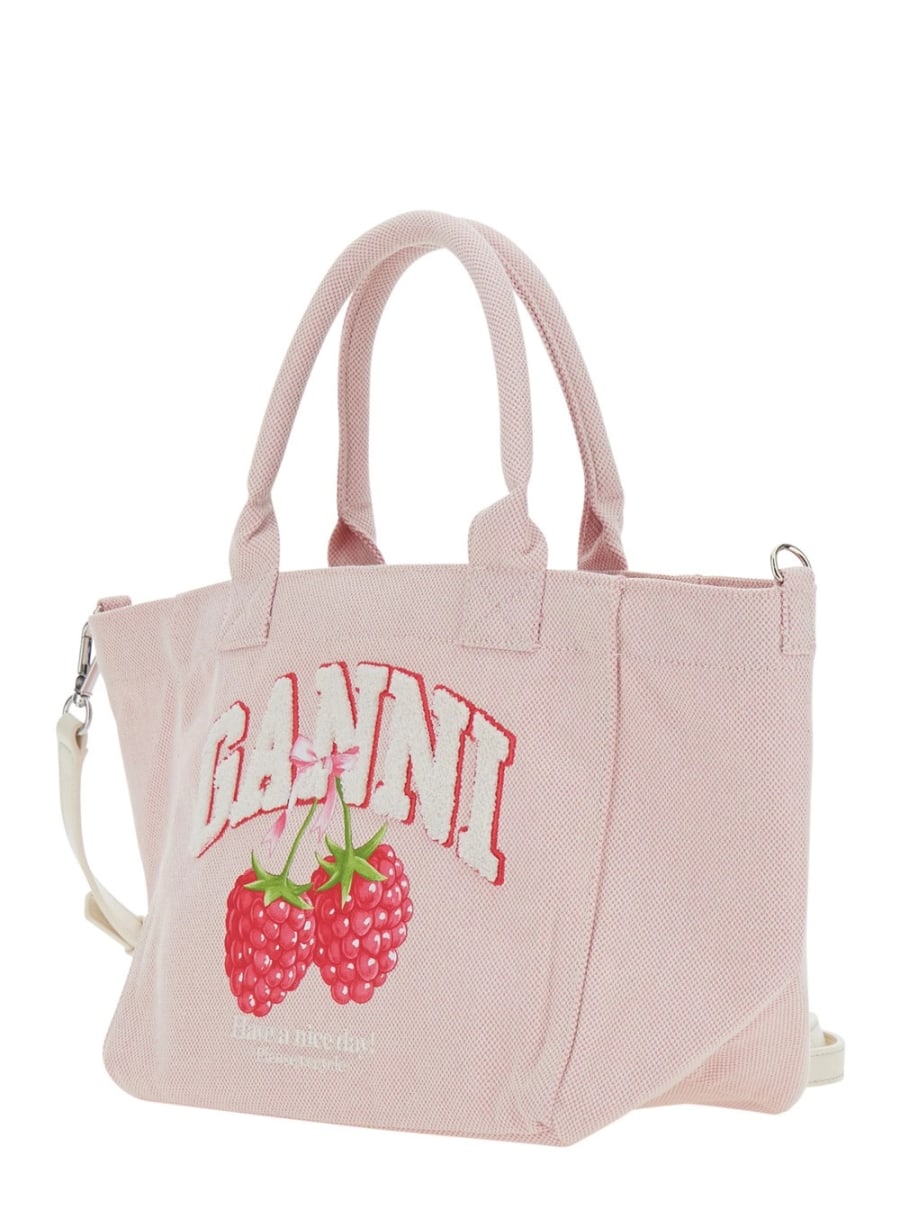 Ganni Borsa Shopping Piccola con Stampa Lampone e Logo Lettering sul Fronte in Cotone Rosa Donna, view 2