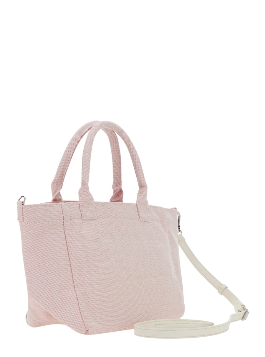 Ganni Borsa Shopping Piccola con Stampa Lampone e Logo Lettering sul Fronte in Cotone Rosa Donna, view 3