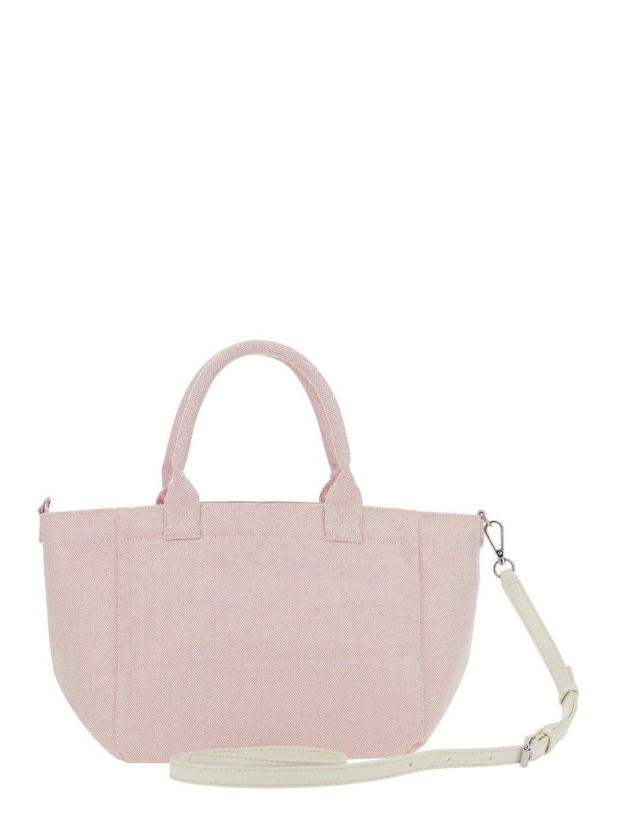 Ganni Borsa Shopping Piccola con Stampa Lampone e Logo Lettering sul Fronte in Cotone Rosa Donna, view 4
