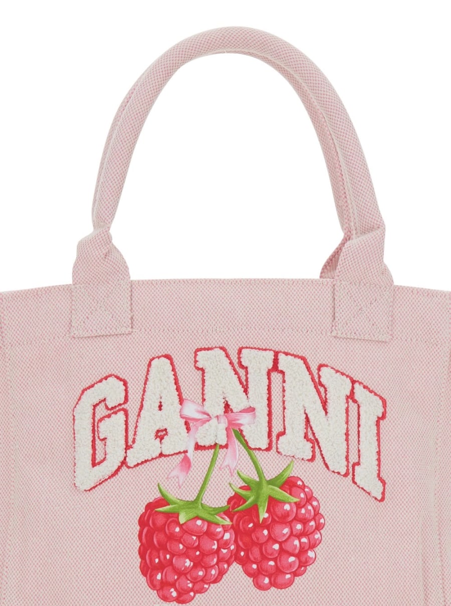 Ganni Borsa Shopping Piccola con Stampa Lampone e Logo Lettering sul Fronte in Cotone Rosa Donna, view 5