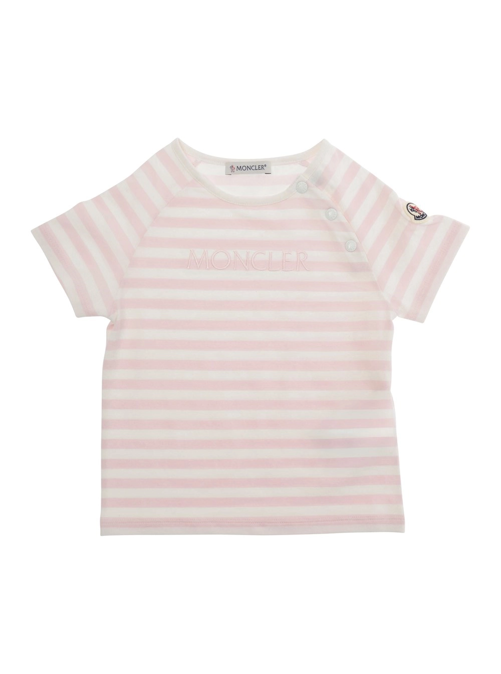 Moncler kids T-shirt girocollo con chiusura con bottoni sul collo e motivo a righe all-over in cotone rosa baby