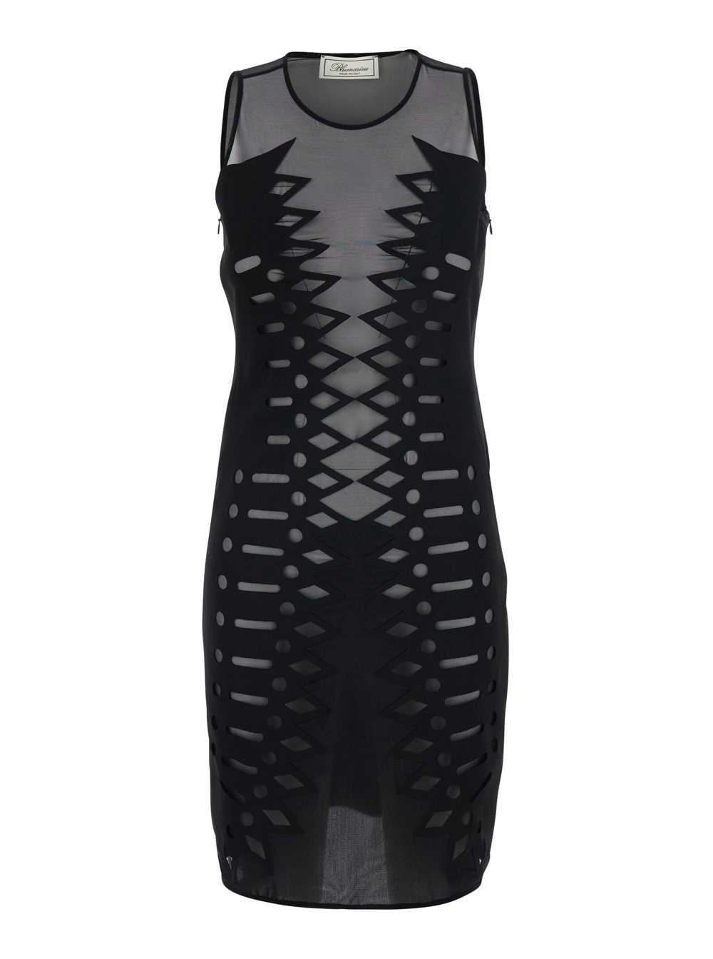 Blumarine Abito Smanicato con Scollo Rotondo e RIcamo All-Over in Tessuto Tecnico Nero Donna