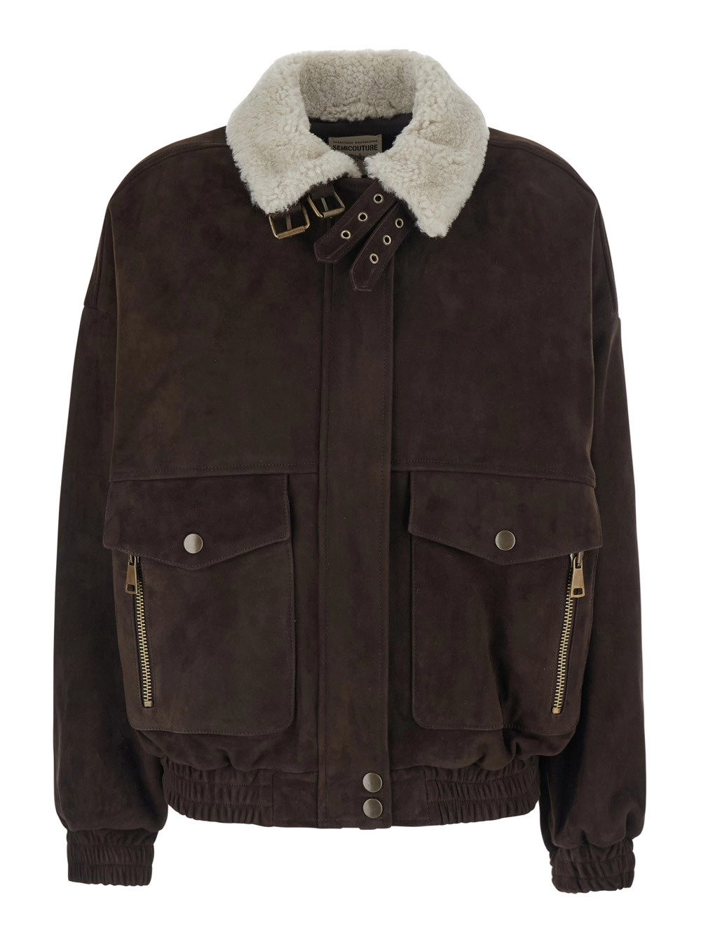 Semicouture Giubbotto Bomber 'Gloria' con Collo alto in Pelliccia con Cinturini in Pelle Scamosciata Marrone Donna