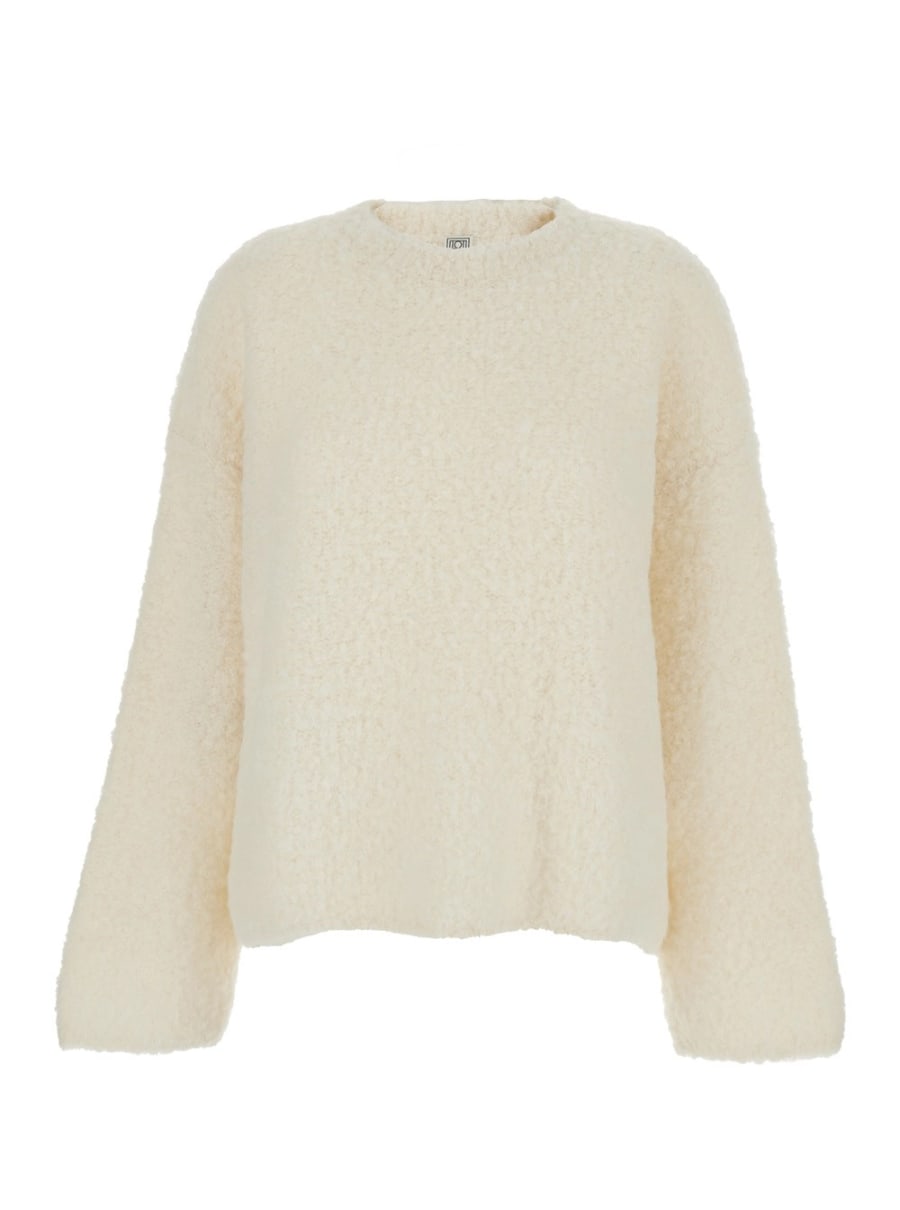 Toteme Maglione Girocollo con Maniche Lunghe Ampie e Rifiniture a Coste in Misto Lana Bianco Donna