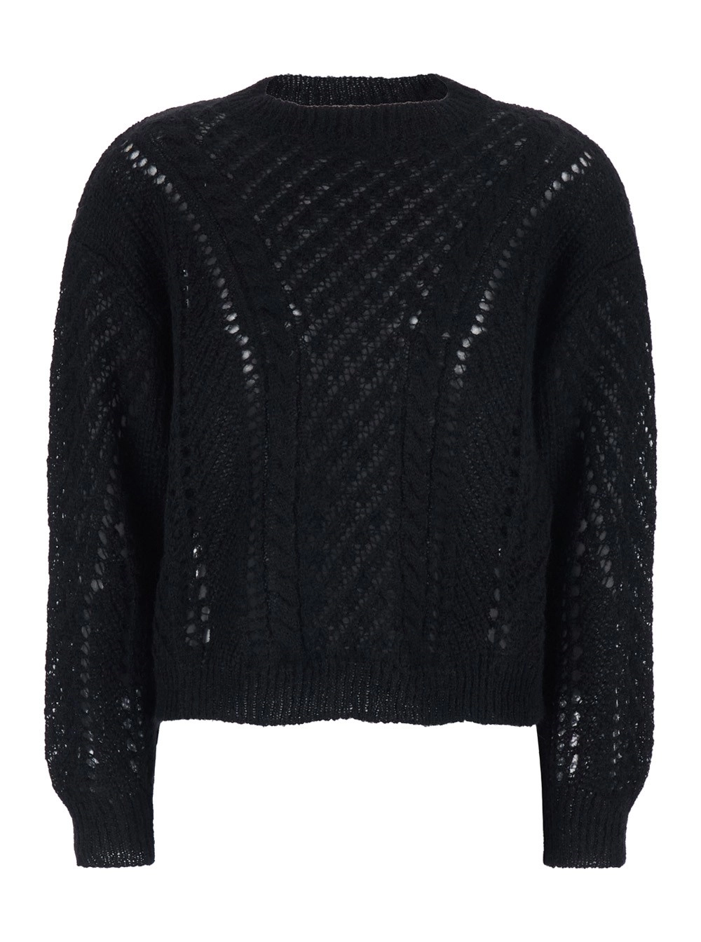 Twinset Maglione Girocollo con Placca Logo sul Retro e Design Traforato in Lana Nero Donna