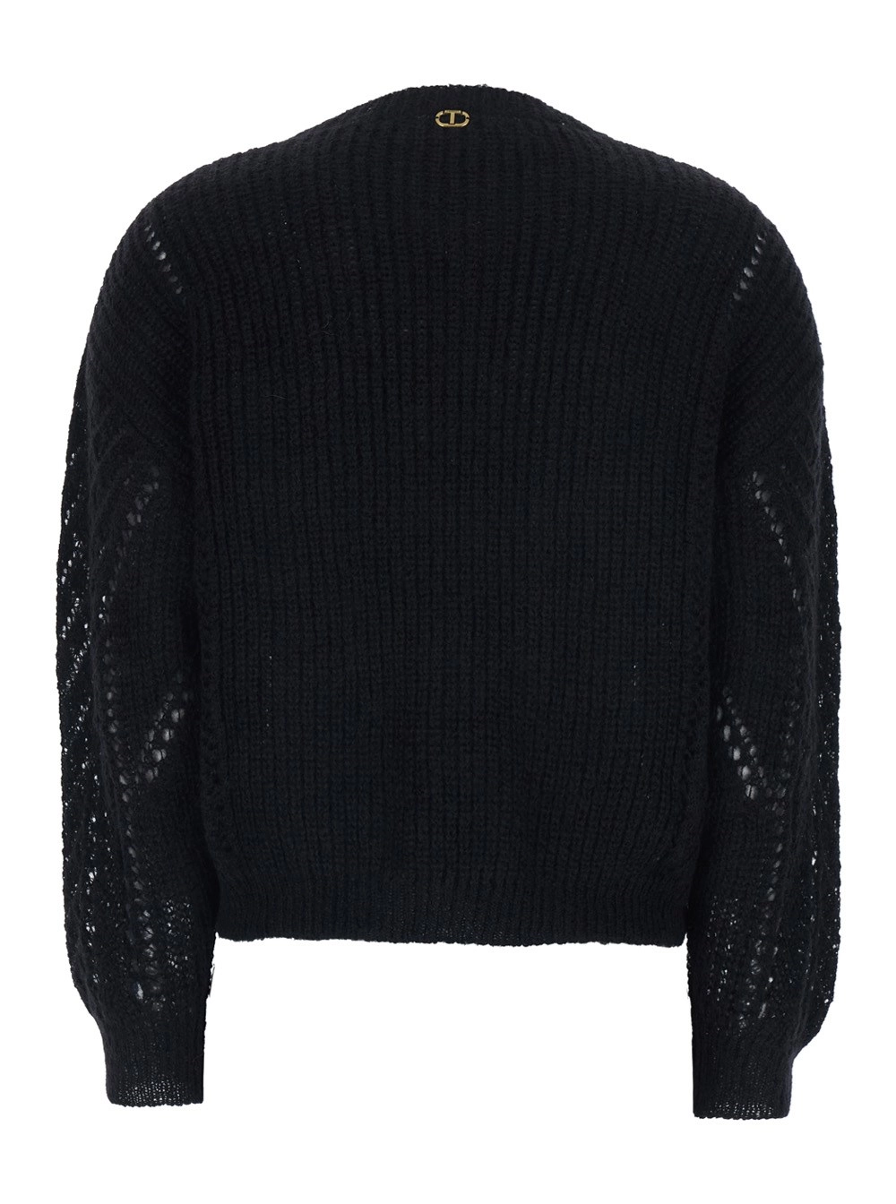 Twinset Maglione Girocollo con Placca Logo sul Retro e Design Traforato in Lana Nero Donna, view 2