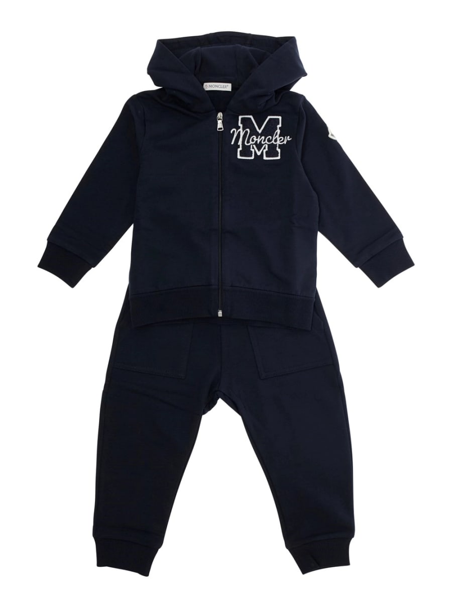 Moncler kids Ensemble Felpa + Pantaloni con Patch Logo in Cotone Blu Baby