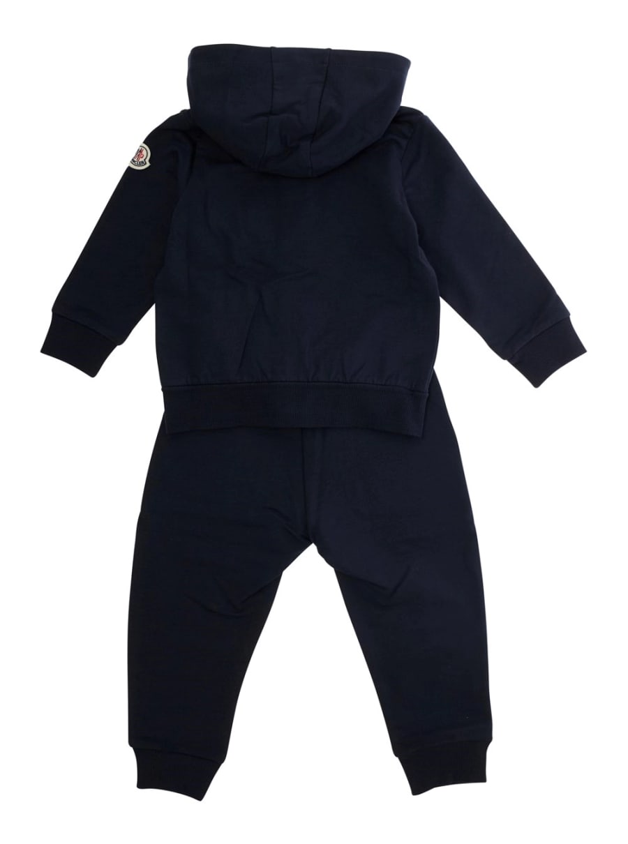 Moncler kids Ensemble Felpa + Pantaloni con Patch Logo in Cotone Blu Baby, view 2