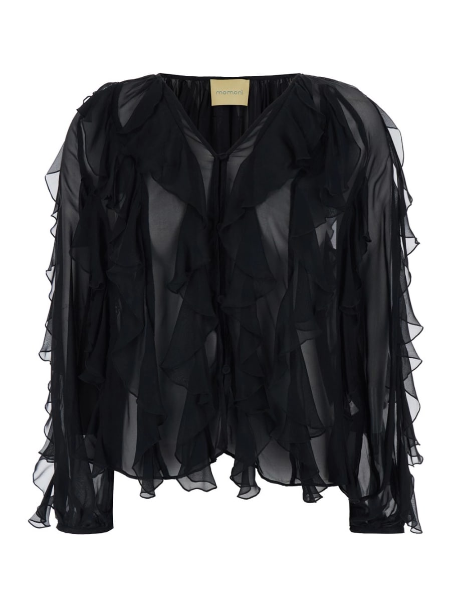 Momonì Blusa 'Canela' con Scollo a V e Design con Ruches in Viscosa e Seta Nera Donna