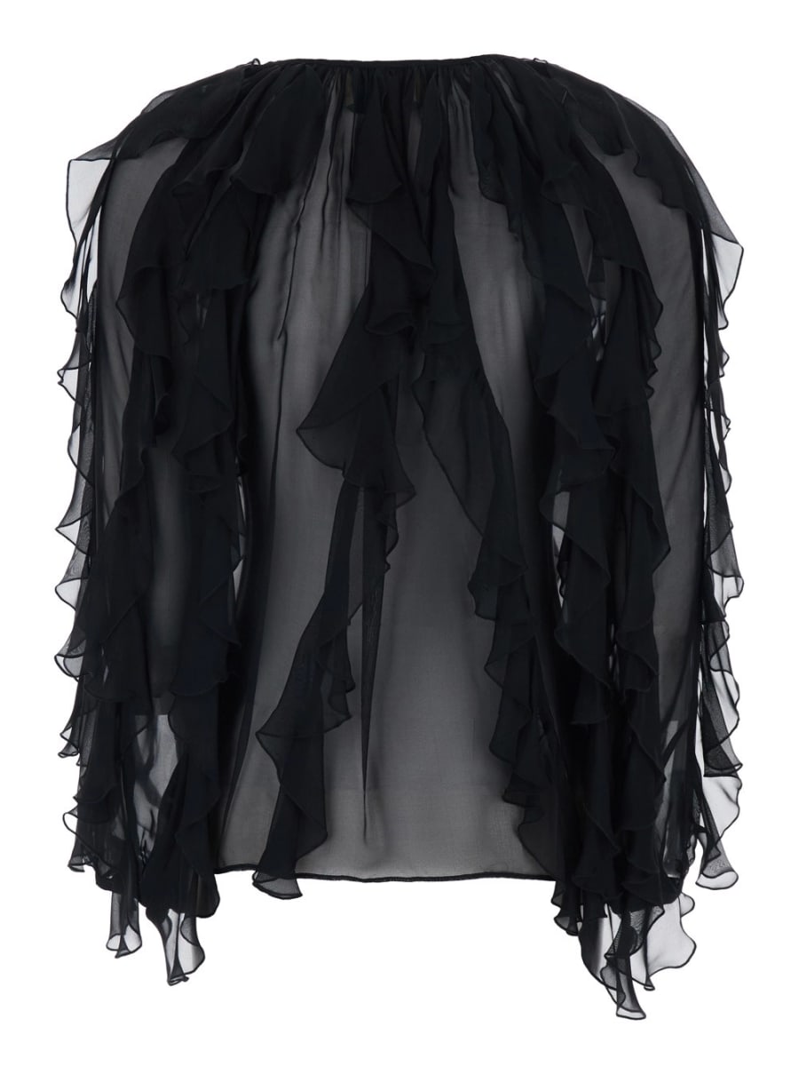 Momonì Blusa 'Canela' con Scollo a V e Design con Ruches in Viscosa e Seta Nera Donna, view 2