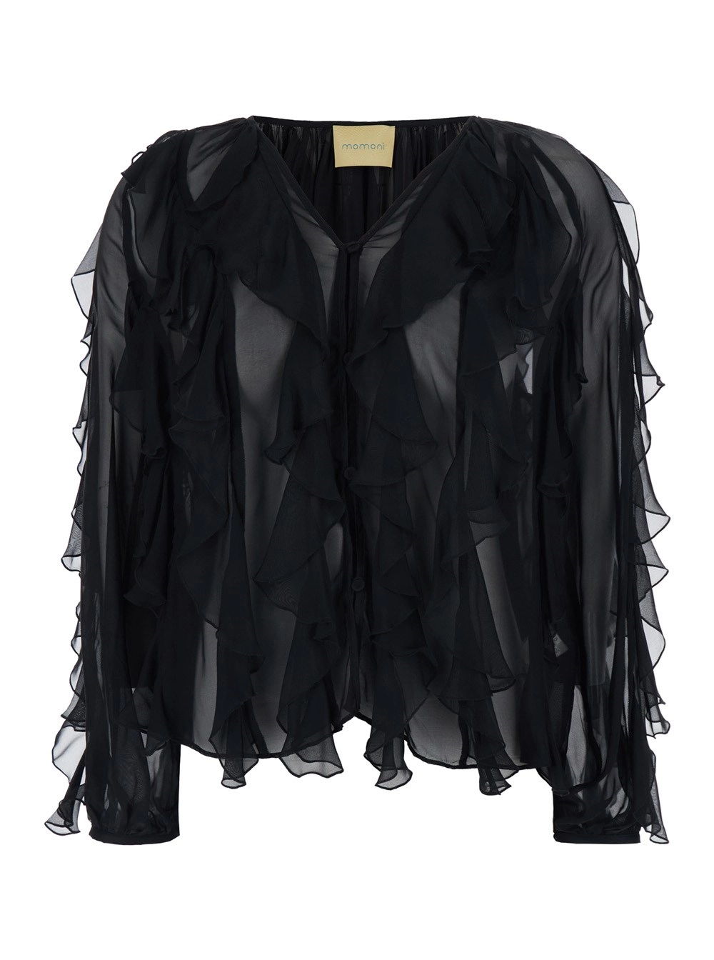 Momonì Blusa 'Canela' con Scollo a V e Design con Ruches in Viscosa e Seta Nera Donna