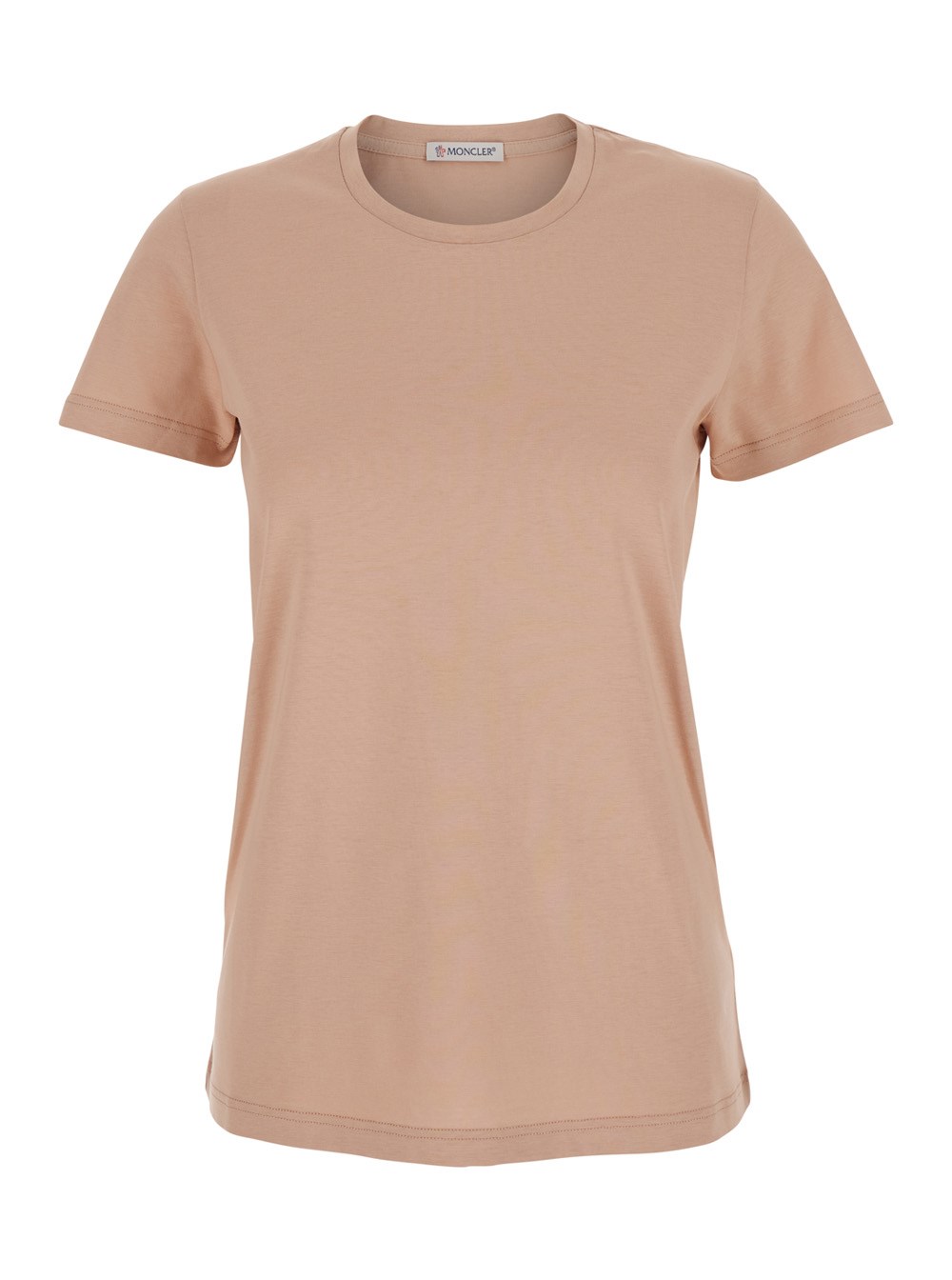 Moncler T-Shirt con Patch Logo Applicato sulla Manica in Cotone Rosa Donna
