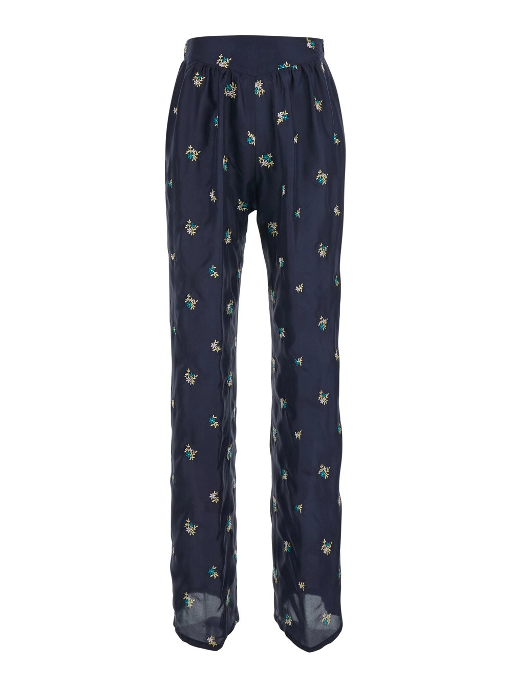 Forte_Forte Pantaloni con ricami floreali all over in seta blu donna